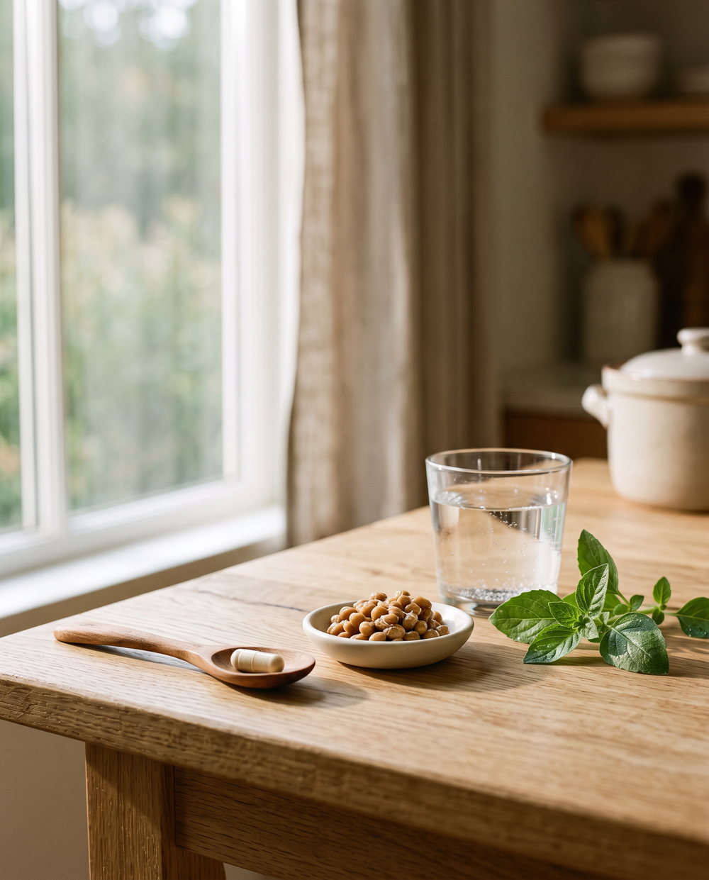 One capsule on a wooden spoon beside a dish of natto