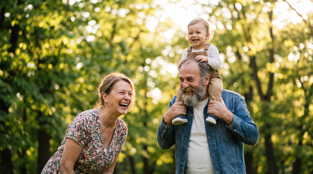 Couple laughing outdoors with their grandchild