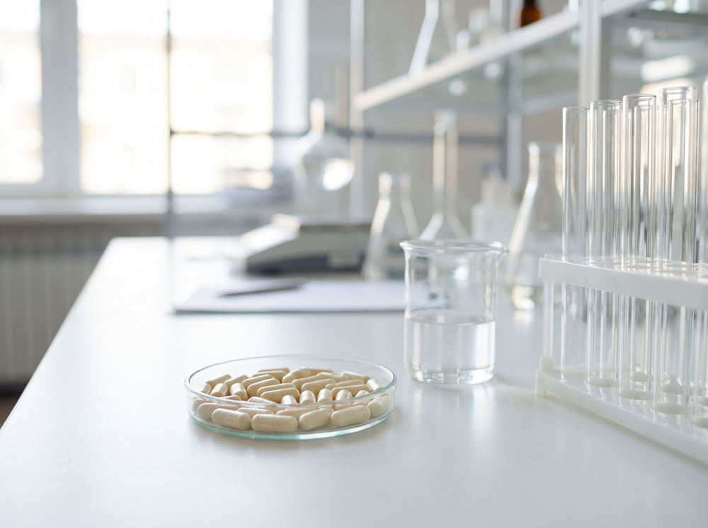 Capsules in laboratory glassware