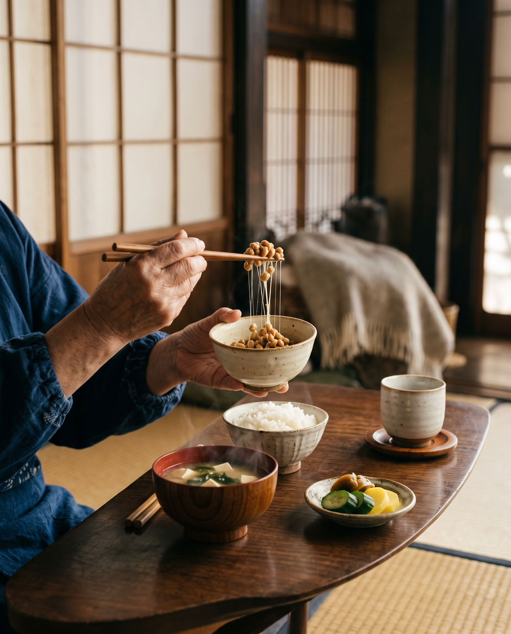 Chopsticks lifting sticky natto at a traditional Japanese breakfast