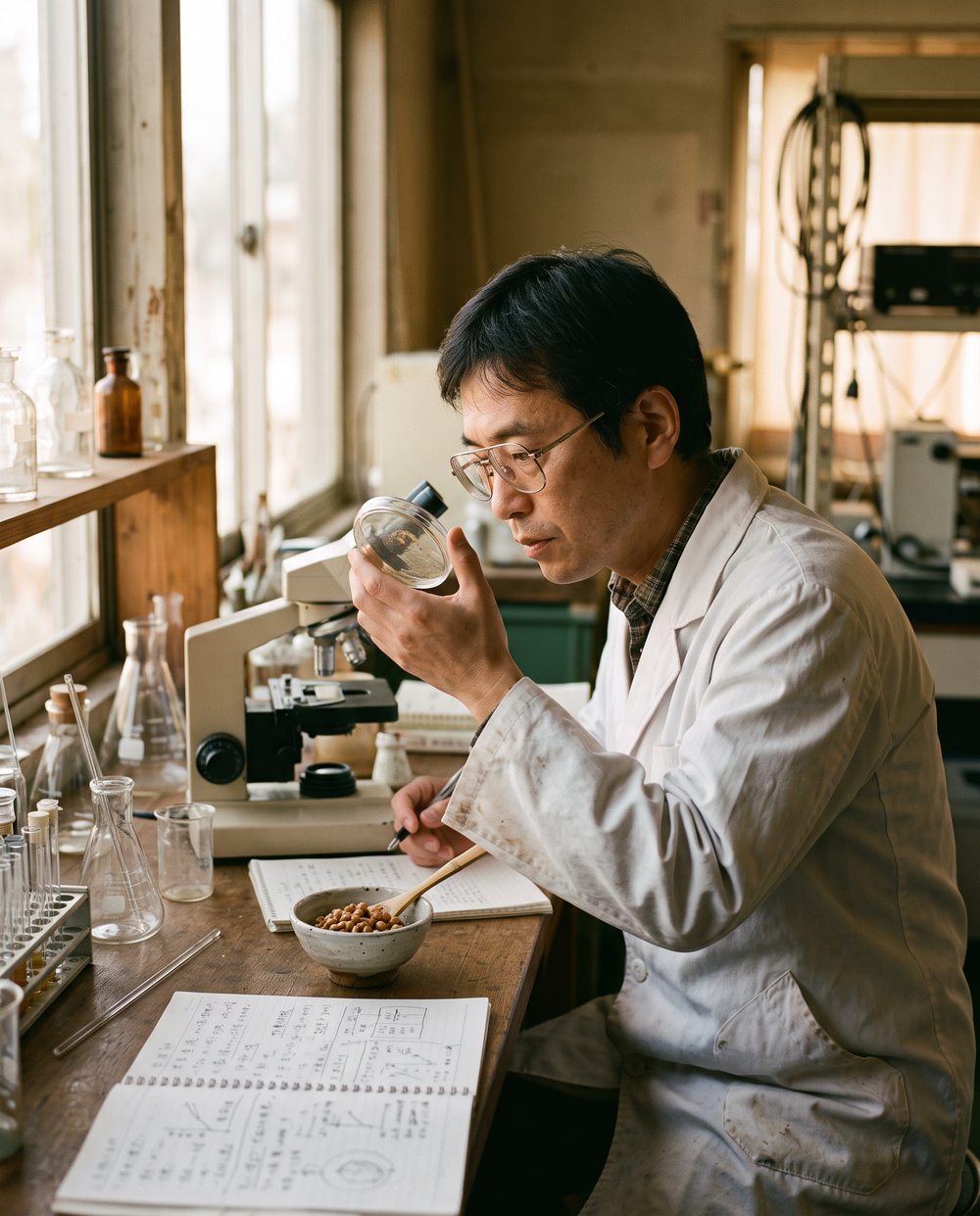 A researcher studying natto in a 1980s laboratory