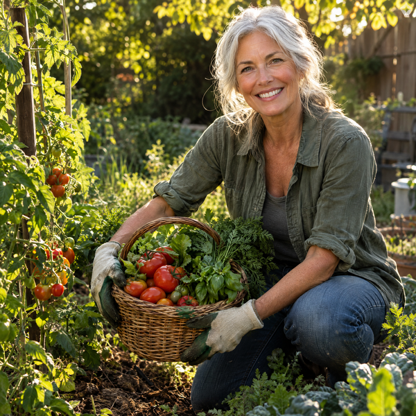Woman in her sixties gardening with a basket of vegetables