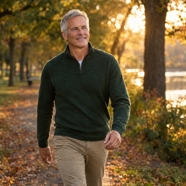 Man in his sixties walking briskly in an autumn park