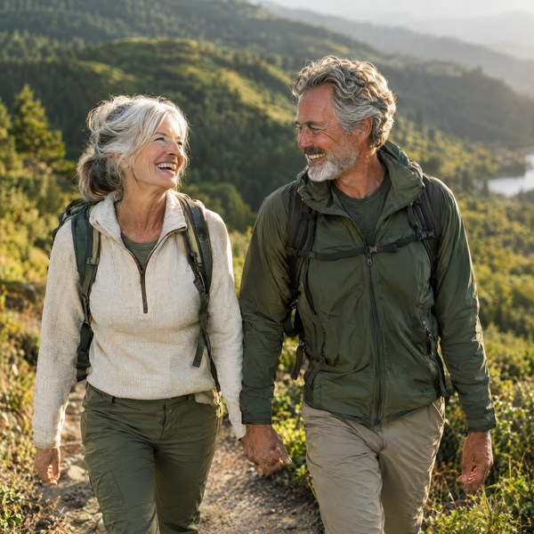 Couple in their sixties hiking together